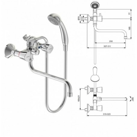 Смеситель для ванны/душа двуручковый установка на стену Vidima Quadro BA248AA